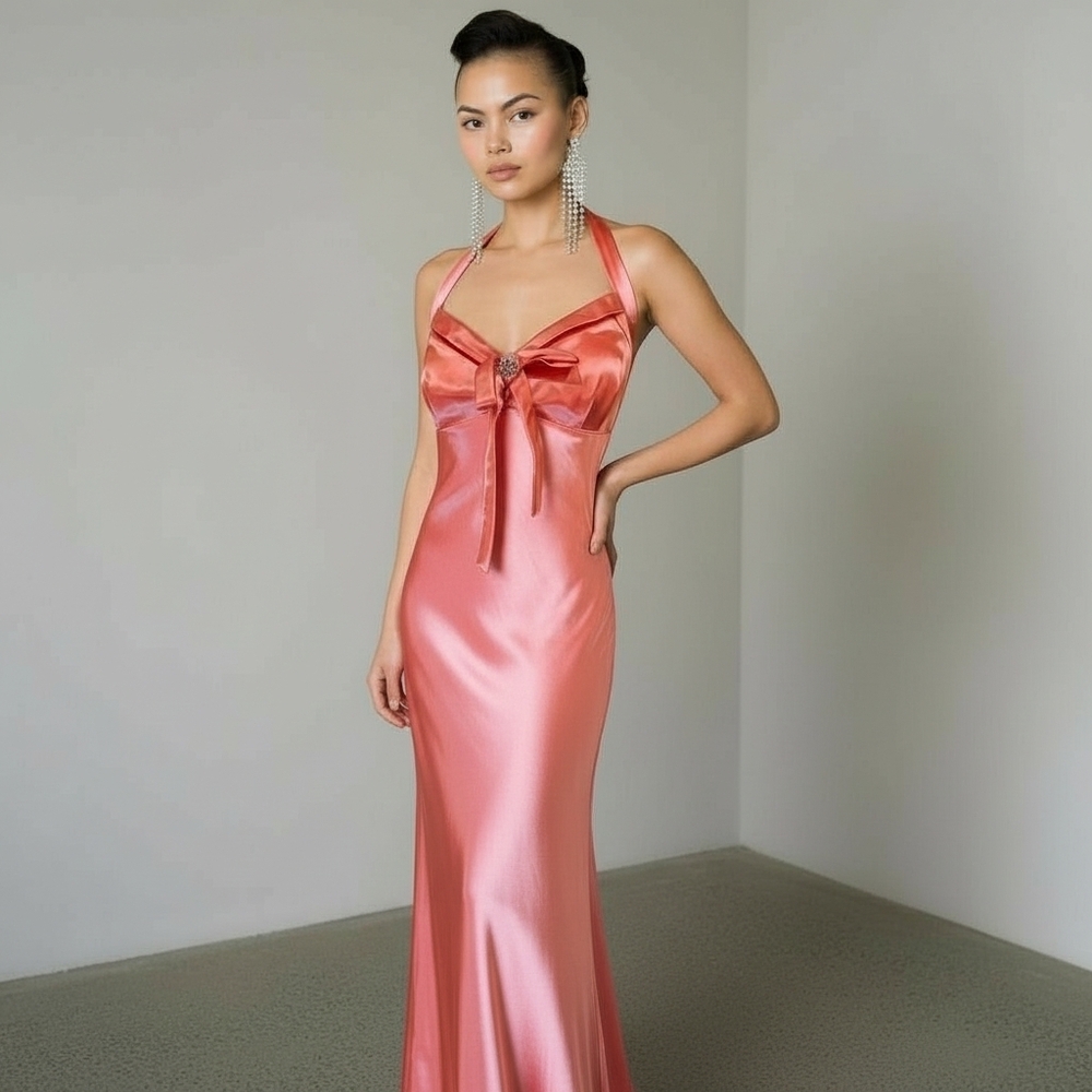 Y2K Babydoll Formal Slip Dress Halter Satin Pink Shiny Sz 8 Tall Hollywood Glam